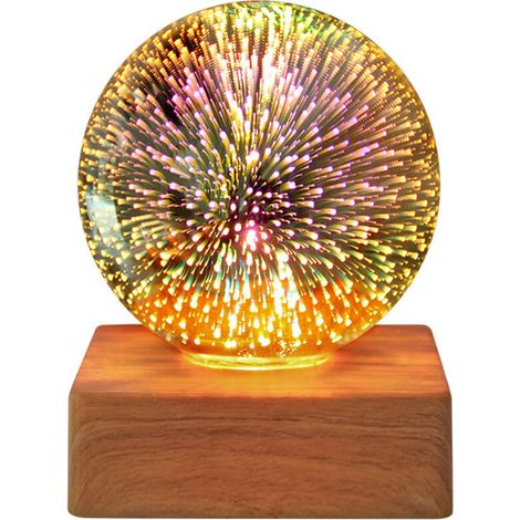 Veilleuse LED Boule de Cristal 3D, Veilleuse Feu d'Artifice LED, Lampe de Bureau Romantique, Boule de Verre Cristal Magique, Lampe Décorative avec Socle Bois