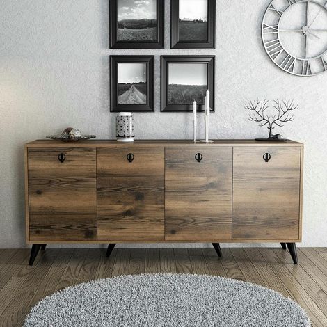 Buffet moderne 4 portes effet noyer, poignées à anneaux UMEA