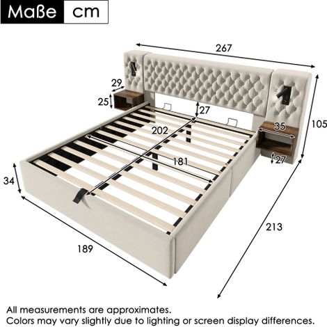 Ensemble complet, lit de rangement hydraulique lit double 180×200 cm avec 2 tables de nuit, lampe de lecture de tête avec fonction de charge USB, beige, velvet (sans matelas)