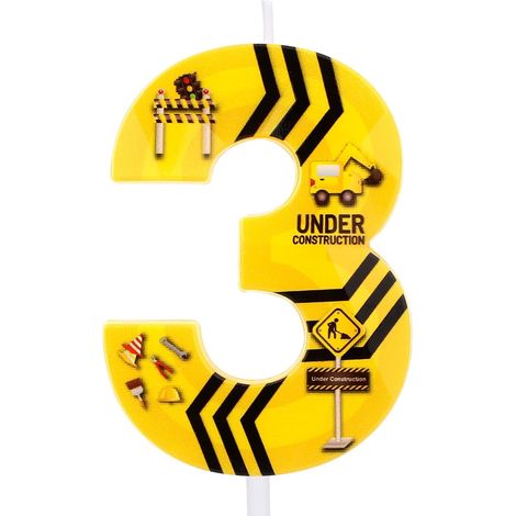 Bougie d'Anniversaire de Construction, Rayures Noires Bougie Numérotée pour Gâteau d'Anniversaire Thème Construction Jaune Décoration Gâteau pour Garçons et Filles (Numéro 3) (1/5)