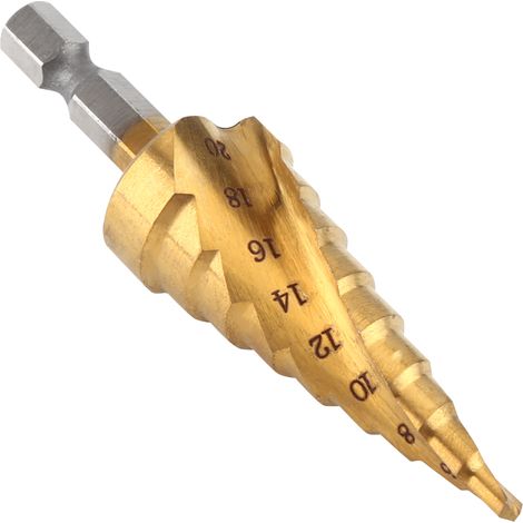 1 HSS-Stufenbohrer mit Titanbeschichtung, Spiralnut, Sechskantschaft, 4–20 mm (1/5)