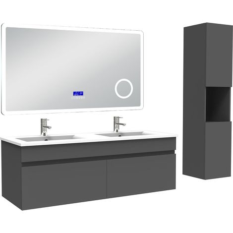 Ocean Ensemble meuble 120 cm anthracite, lavabo céramique + colonne haute + Miroir salle de bain Bluetooth avec 3 couleurs dimmable, suspendu