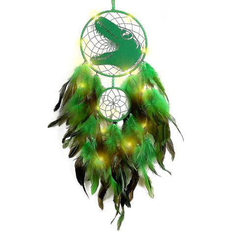 Attrape-rêves dinosaure pour garçons et filles, décoration murale lumineuse, attrape-rêves en plumes, cadeau pour enfants (LGL) Vert (1/5)