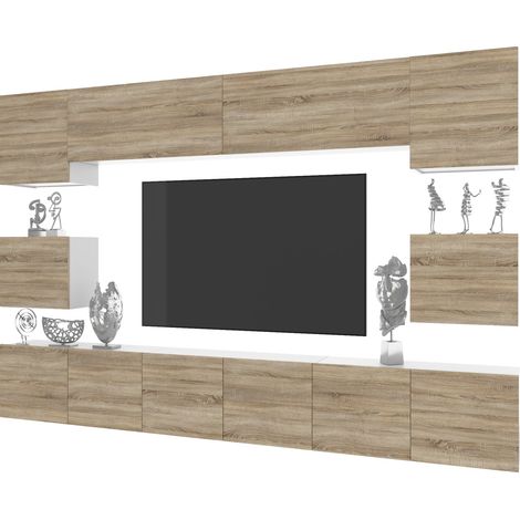 BELINI Meuble TV Mural Milano 3 300 cm - Suspendu avec Systeme Verin a Gaz - Chêne Sonoma Mat (1/4)