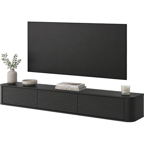 Tv-Schrank Kahate, 3 Schubladen, 1 Regal, 3 Fächer, 200x34x28h cm Schwarz