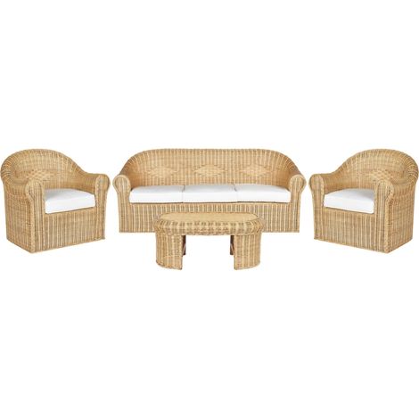Set di divani da giardino a 5 posti in rattan naturale con cuscini in tessuto di cotone Livadeia