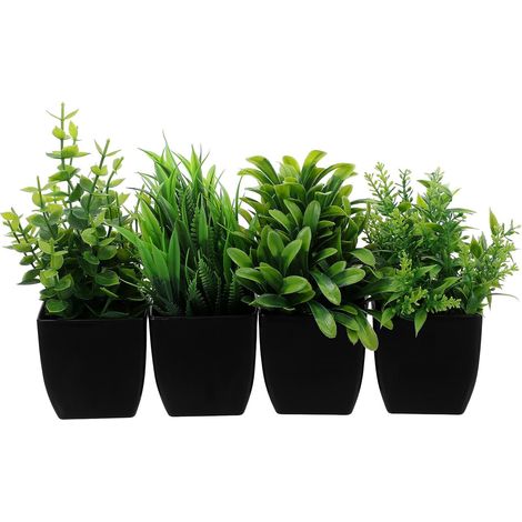 Set of 4 Artificial Potted Plants in Black, Mini Indoor Plants in Odorless and Maintenance-Free Plastic, Elegant Decoration for Home and Office (1/5)