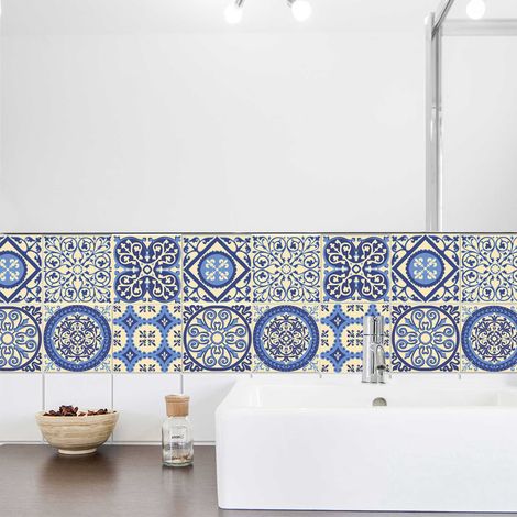 Sticker adhésif homestaging, lessivable, carreaux de ciment, bleu, 15 cm X 15 cm (1/4)