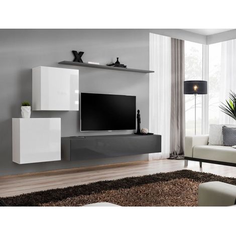 Ensemble mural - Switch V - 1 vitrine carrée - 1 banc TV - 1 étagère - Blanc et graphite - Modèle 1 - Livraison gratuite