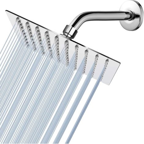Pommeau de Douche Haute Pression 20 cm Avec Bras de 25 cm, Pommeau Carré en Acier Inoxydable, Buses en Silicone Autonettoyantes, Design Ultra-fin (Chromée) (1/5)