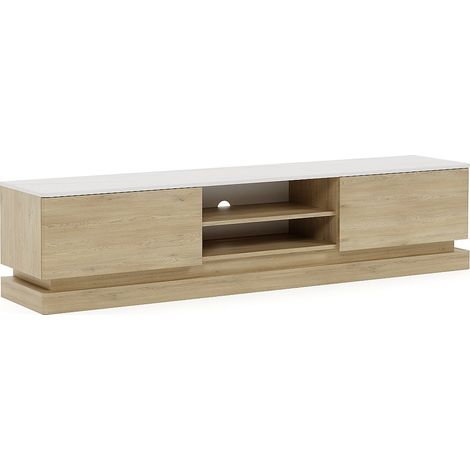 Meuble TV 2 tiroirs et 2 niches avec LEDs en MDF - Naturel clair et effet marbre blanc - DEVIKA (1/4)