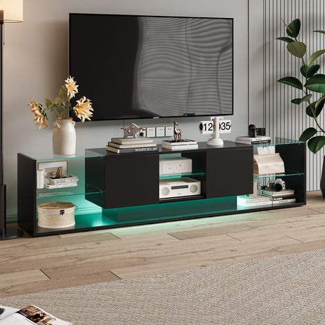meuble tv, meuble tele, meuble tv noir, meuble tv 200 cm longueur avec 3 niveaux en verre trempé, 2 tiroirs, contrôle APP Bluetooth et télécommande, noir (1/5)