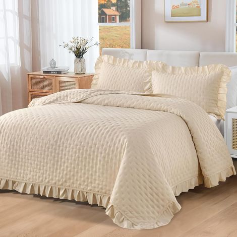 Couvre-lit 240 x 260 - Crème - Parure de lit matelassée 3 pièces - Pour lit double - Parure de lit piquée - Couvre-lit polyvalent avec 2 taies d'oreiller 50x75 pour la chambre à coucher (1/5)