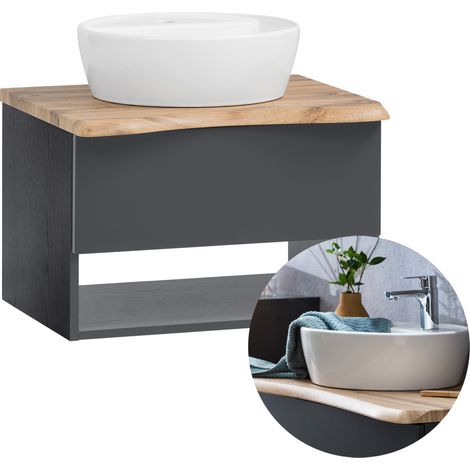 Badezimmer Waschtisch mit Aufsatzwaschbecken KAHLA-03 in graphit mit Abdeckplatte in Wotan Eiche Nb. und Front in anthrazit matt, B/H/T: ca. 61/54,5/52 cm (1/5)