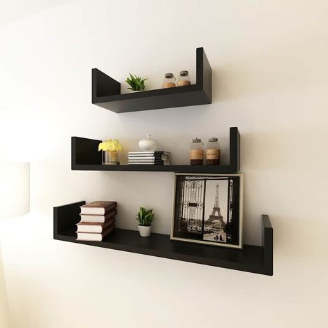 Lot de 3 Étagères murales Étagère de Rangement - Meuble de rangement Forme de U MDF Noir BV204706 - BonneVie (1/4)