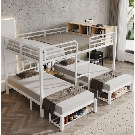 Letto a castello 239x208x161 cm, 3 posti letto, ripiano aperto, vani portascarpe, metallo e legno, bianco naturale (1/5)