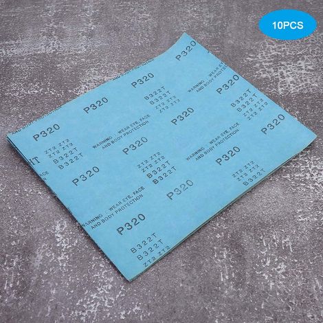 Lot de 10 feuilles de papier de verre double usage (sec/humide) pour le polissage de surfaces et de bijoux. Papier de verre blanc grain 320. (1/5)
