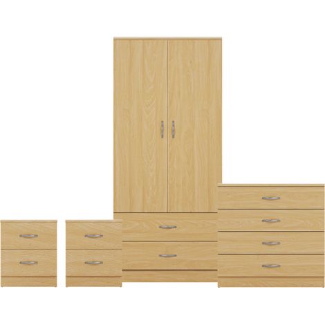 Riano 4 Piece Bedroom Set (2 Drw Bedside Chest, 4 Drw Chest, 2 Door 2 Drw Wardrobe), Pine (1/3)