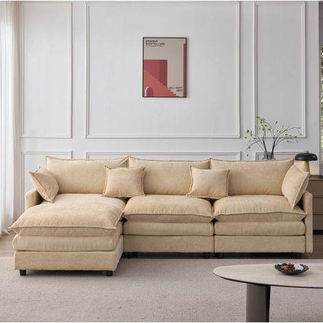 Sofá esquinero 3 plazas con chaise longue y puf modular de chenilla café claro OKMYHOME (1/5)