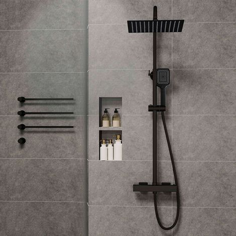 Colonna doccia termostatica con miscelatore, set doccia in acciaio inox 304 - Soffione pioggia 30x30cm + doccetta 3 Jet autopulente, Kit completo con tubo 1.5m e saliscendi tondo regolabile, nero