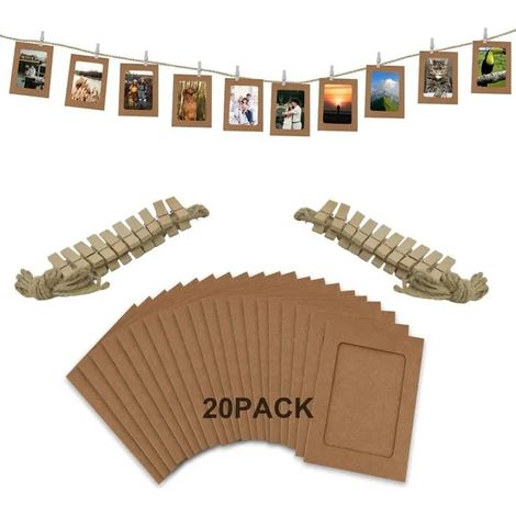 Lot de 20 cadres photo en papier brun clair (10,2 x 15,2 cm) avec ficelle et pinces à linge pour bannière photo, affich - Brun Clair (1/4)