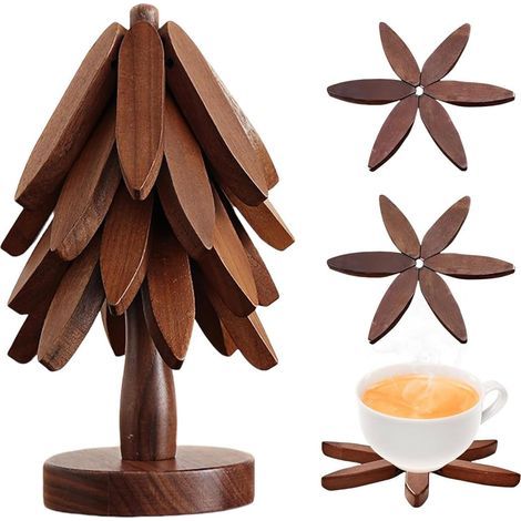 Lot de 4 Dessous de Plat en Bois pour Plaque Chaude - Support de Casserole et Théière Résistant à la Chaleur - Design Arbre Naturel - Protège Table Pliable et Lavable (1/5)