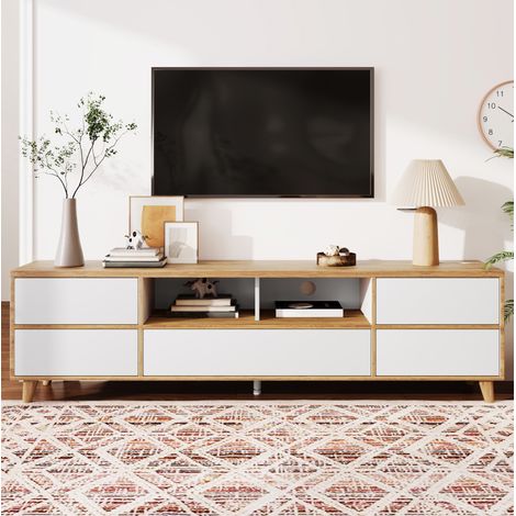 MEUBLIV TV-Lowboard 175 x 37 x 51 cm weiß und Holzdekor – 4 Türen, 2 Nischen (1/5)