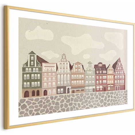 Plakat – Farbenfrohe Fassaden – historische Mietshäuser in Breslau vor dem Himmel und einer Kopfsteinpflasterstraße (1/4)