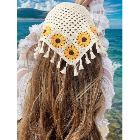 1 serre-tête pour femme, crochet ajouré à motifs floraux crème, avec franges, pour usage quotidien, sport, plage et vacances, jaune (1/4)