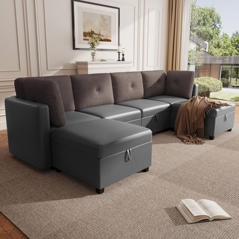 Canapé droit 6 Places Modulable Gris - Canapé Panoramique Modulable avec Rangement - Velours et Velours Côtelé Design