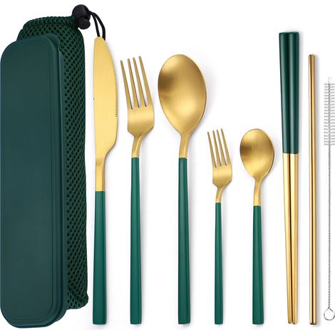 Set Couverts Réutilisables En Acier Inoxydable - 8 Pièces Avec Étui De Transport - Pour Voyages Pique-Niques Camping Bureau École (1/5)