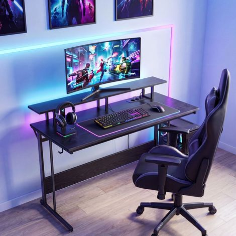 Bureau Gaming avec LED et Multiprise, Support pour Moniteur, pour 2 Ordinateurs, 120 x 55 x 90 cm, Noir (1/4)
