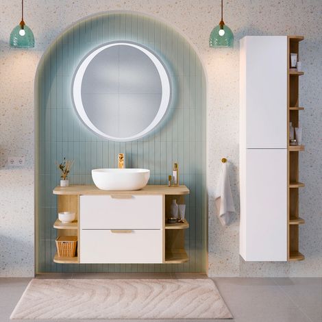 Mueble de lavabo Oria blanco mate 100cm con nichos redondeados y pedestal (1/5)