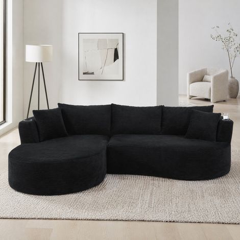Divano angolare 3 posti con chaise longue sinistra, tessuto effetto corda nero, 264 cm (1/5)