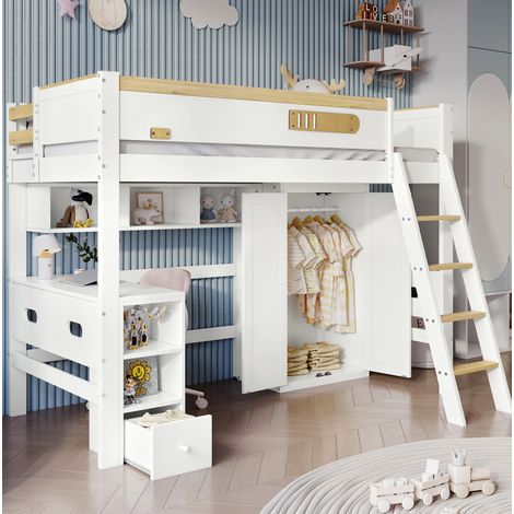 Letto a castello per bambini 90x200 cm, con scrivania, armadio e scala a 4 gradini, bianco naturale, senza materasso (1/5)