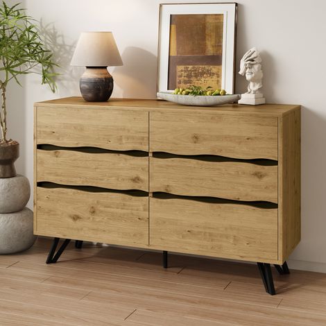 Buffet 6 tiroirs 120x40x75,5 cm, décor bois, pieds métal noirs, rangement, FloraGrace (1/5)