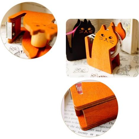 Dispensador de cinta adhesiva，Cortador de cinta adhesiva de madera vintage con forma de gatito，Negro (1/4)