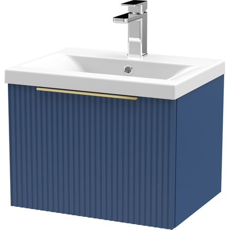 Fluted Front Wall Hung Single Drawer Bathroom Vanity Unit with 1 Tap Hole Ceramic Basin, 500mm, Satin Blue, Brushed Brass Handles