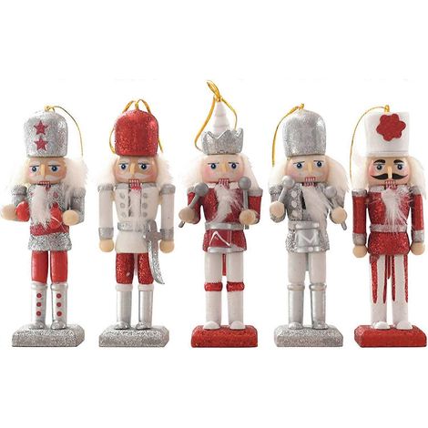 Soldat Casse-Noisette de Noël 13 cm en bois à paillettes rouges et argentées (5 pièces) (1/5)
