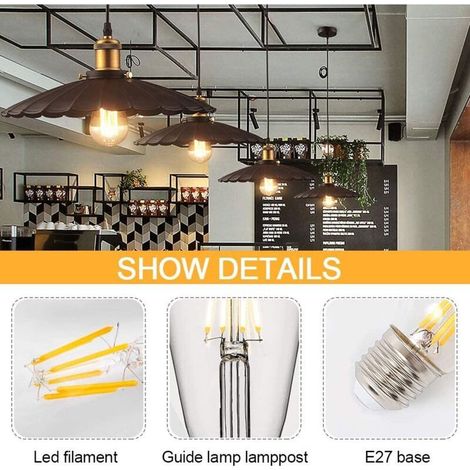 Vintage E27 Glühbirne, 6er-Pack E27 ST64 LED Edison Glühbirne, Retro Dekorative Edison Glühbirne, Antike Vintage Glühbirne, 4W Warmweiße Glühlampe für Restaurants, Cafés, Bars, Glühlampen (1/5)