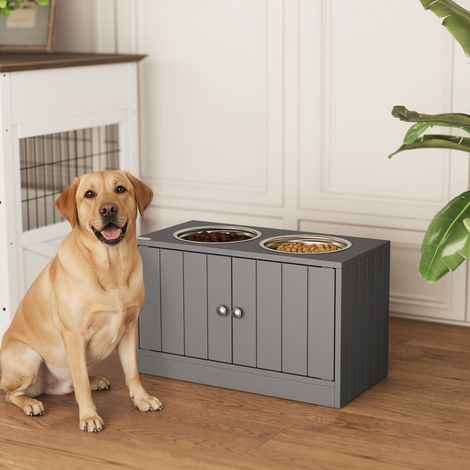 Station d'alimentation surélevée avec 2 gamelles en acier inoxydable et un espace de rangement de 44 L, portes magnétiques, pour grands chiens, grise