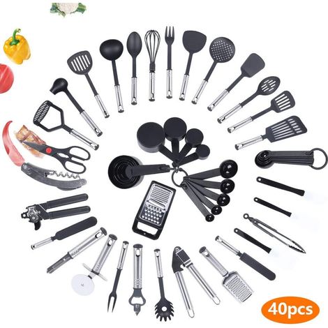 40tlg Kochset Silikon Küchenhelfer Set Küchenzubehör Kochutensilien Kochbesteck Küche Utensil Silikon Kochbesteck Set Schwarz