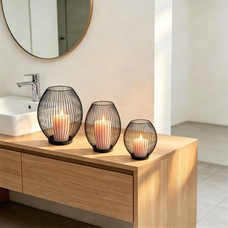 Socle de lanternes-bougeoirs noirs, lot de 3 bougeoirs en fer pour la salle de bains, le salon et les décorations de Noël 16cm/18cm/25cm, Luminaire (1/5)