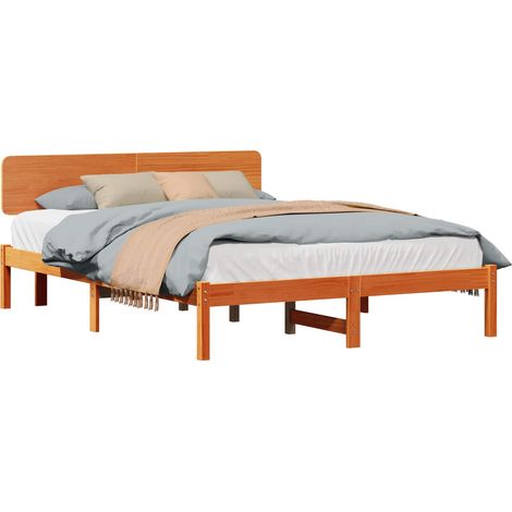 Lit double Lit adulte Cadre de lit avec tête de lit Brun cire 160 x 200 cm Pin massif (1/5)