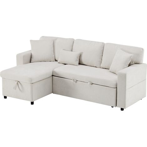 Canapé-lit d'angle, canapé d'angle en L convertible et extensible, avec coffre de rangement et étagère intégrée, beige (1/5)