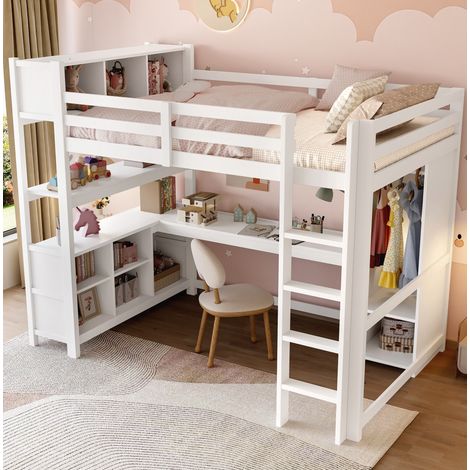 Lit mezzanine 140x200 cm avec bureau, étagères et penderie, en bois, MDF et contreplaqué, blanc