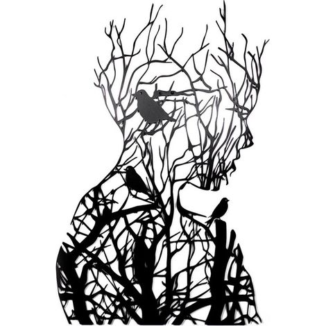 Décoration murale - Décoration murale - Art mural - Line art - Décoration murale salon - Silhouette femme branche d'arbre - Noir et blanc - Métal - 3021cm (1/4)
