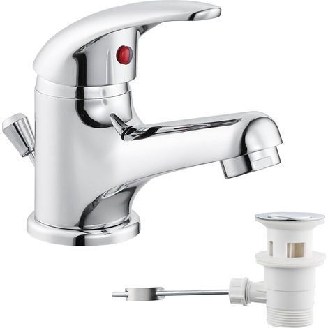 Robinet de salle de bain avec tirette - Mitigeur monocommande avec bonde - Mini mitigeur monocommande pour salle de bain - Pour salle de bain - WC - Chromé (1/5)
