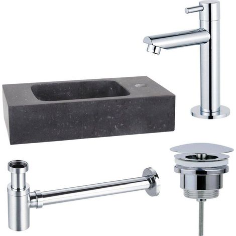 FugaFlow Eccelente Arredo Pack Lave-mains - 40x22x9cm - 1 trou de robinet - pierre naturelle - robinet Chrome - Noir