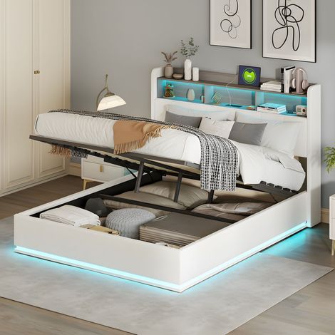 Letto Contenitore 160x200 cm Velluto Bianco - Testiera Libreria con LED e Presa Integrata - Doppia Illuminazione - Rete Sollevabile